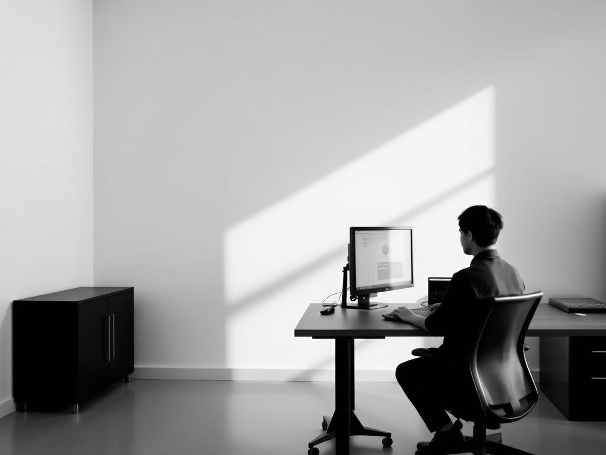 Pessoa a trabalhar num monitor num escritório minimal